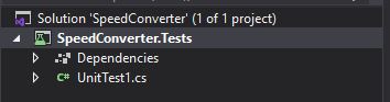 The solution in Visual Studio 2019 contains the SpeedConverter.Tests test project.